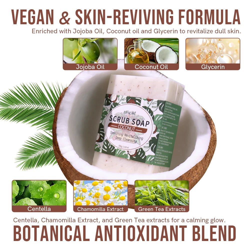 Coconut Exfoliating Scrub Soap Bar Deep Cleaning Bath Revitalizing